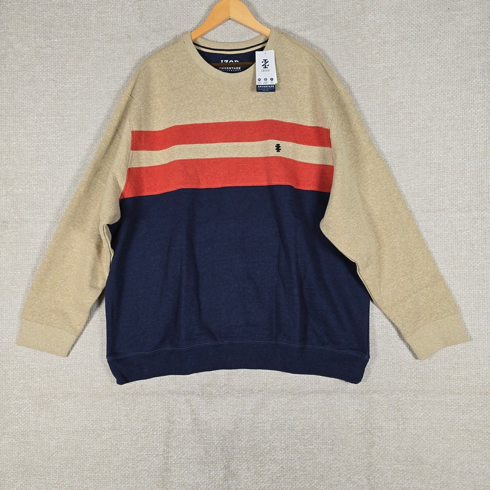 IZOD Mens Advantage Performance Sweatshirt 2XB Camel Heather Navy Striped